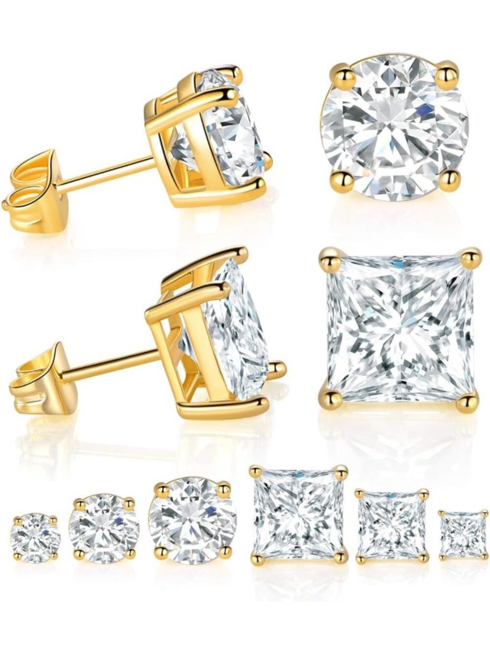 6 Pairs Gold Plated Stud Earrings Set - 4mm/6mm/8mm CZ Princess & Round Styles